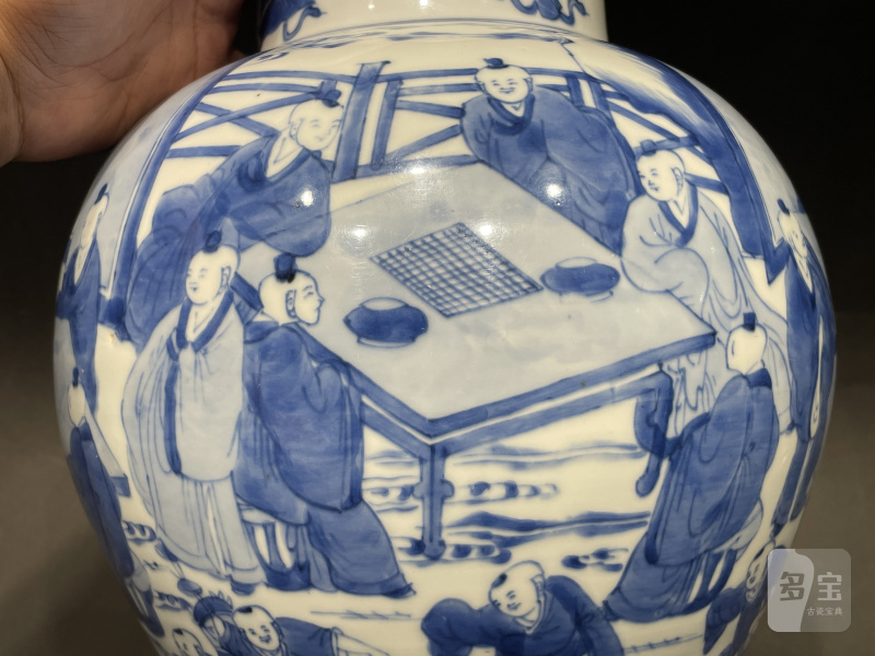 清康熙 青花十八学士图将军罐 - 图6